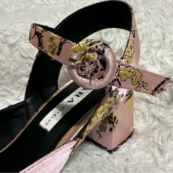 💥SOLD $38💥 Zara Pink Asian Print Floral Kitten Block Heels Pointy-Toe Pumps 40 - Picture 7 of 14